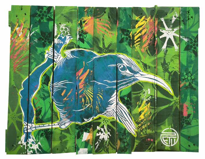 Insolence Pochoirs et tampons Acrylique sur assemblage bois 60x78 2024