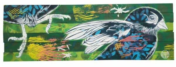 Cours petit oiseau Pochoirs et tampons Acrylique sur assemblage bois 24x71 2024